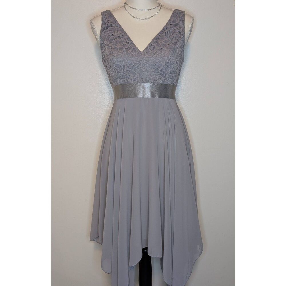 Ever-Pretty Slate Grey Floral Lace Asymmetrical Handkerchief Dress S